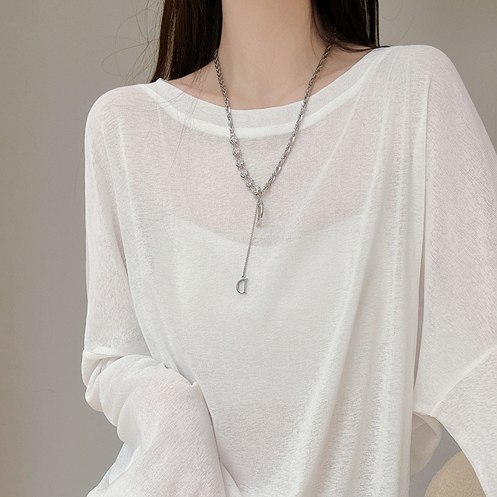 White knitted T-shirt long-sleeved sun protection blouse for women summer ice silk loose bottoming shirt thin see-through outer top