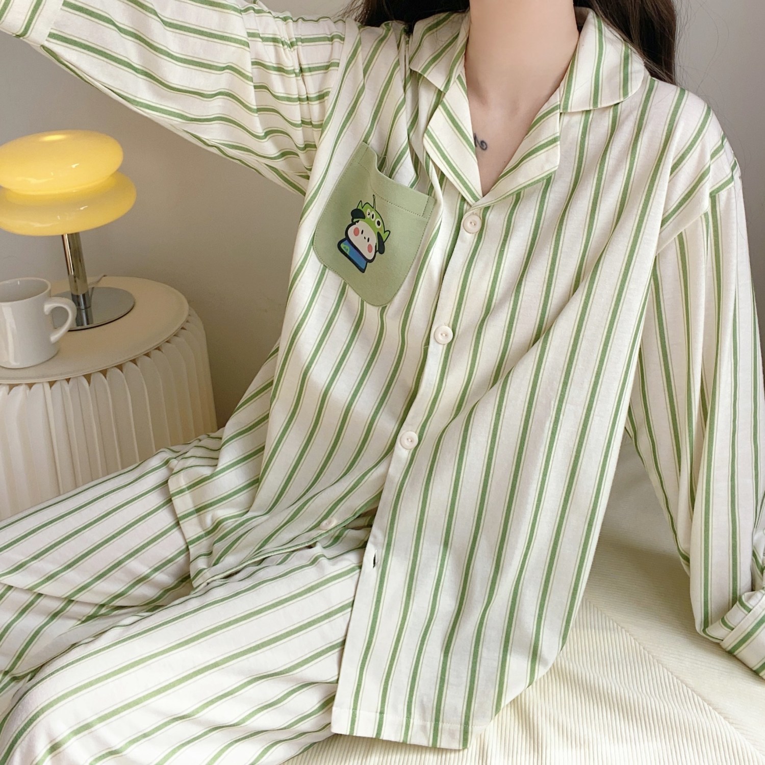 纯棉睡衣女春秋季可爱韩版条纹绿色简约宽松长袖ins风家居服套装