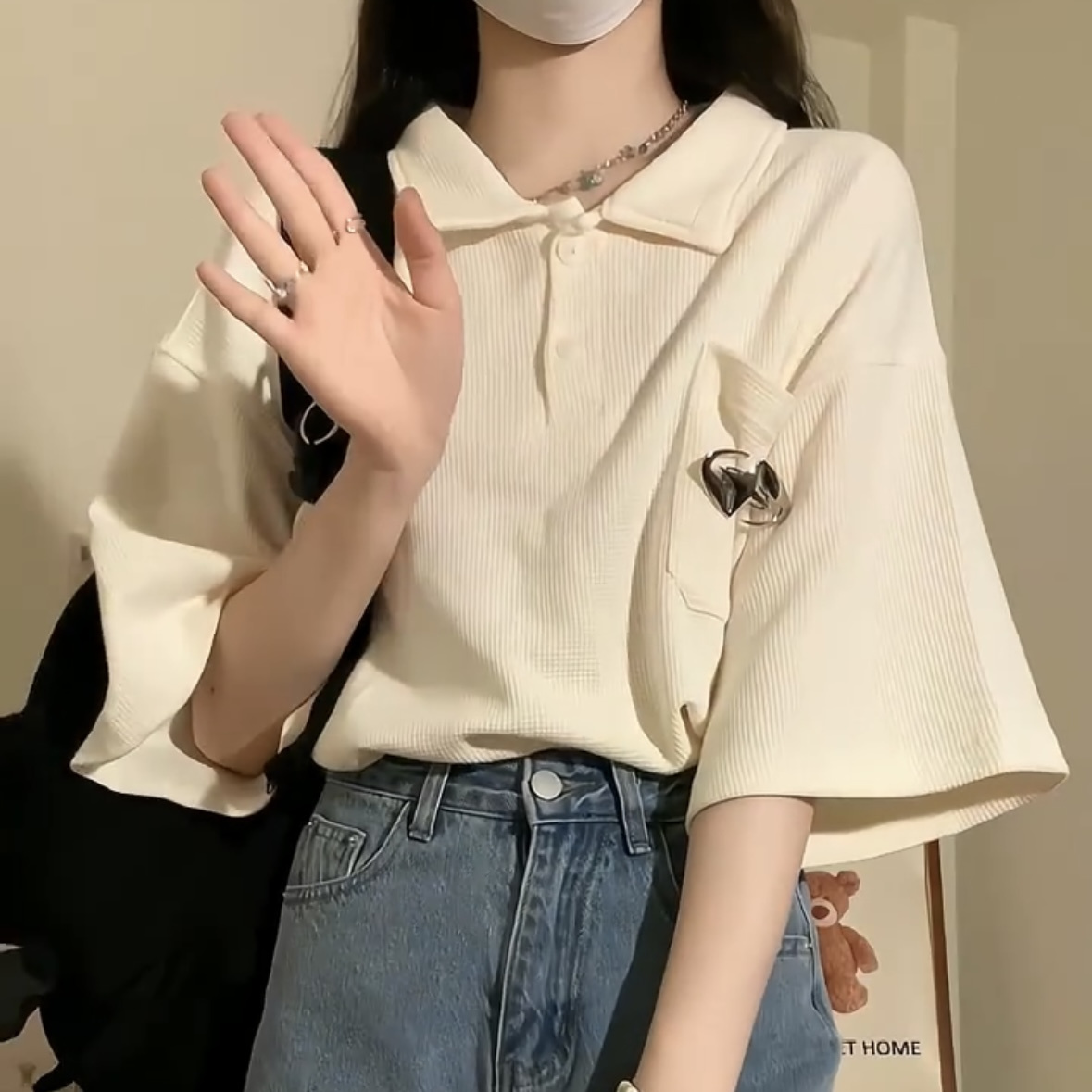 奶呼呼的!!!【華夫格polo衫】原始BF風學生短袖t恤女INS韓版上衣
