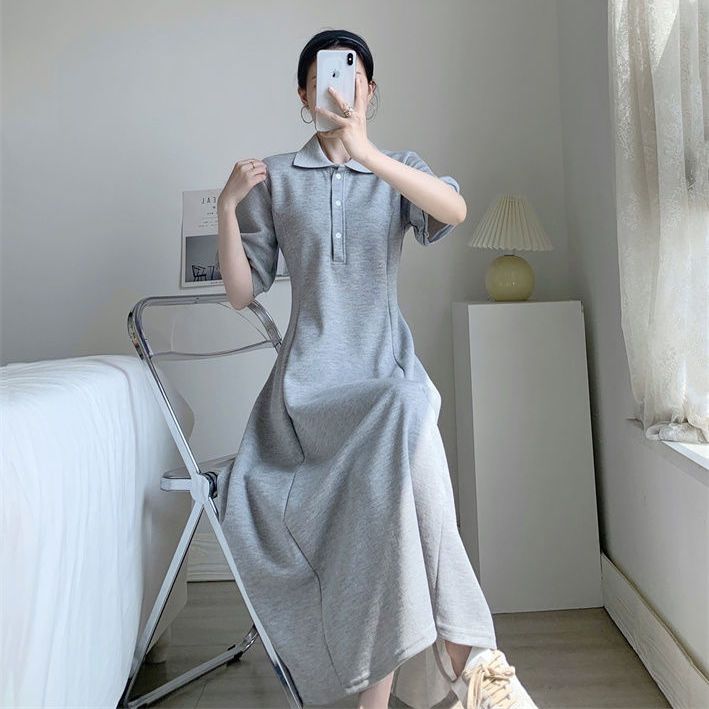 POLO collar short-sleeved dress summer  new waistline slim fashion temperament mid-length A-line skirt ins