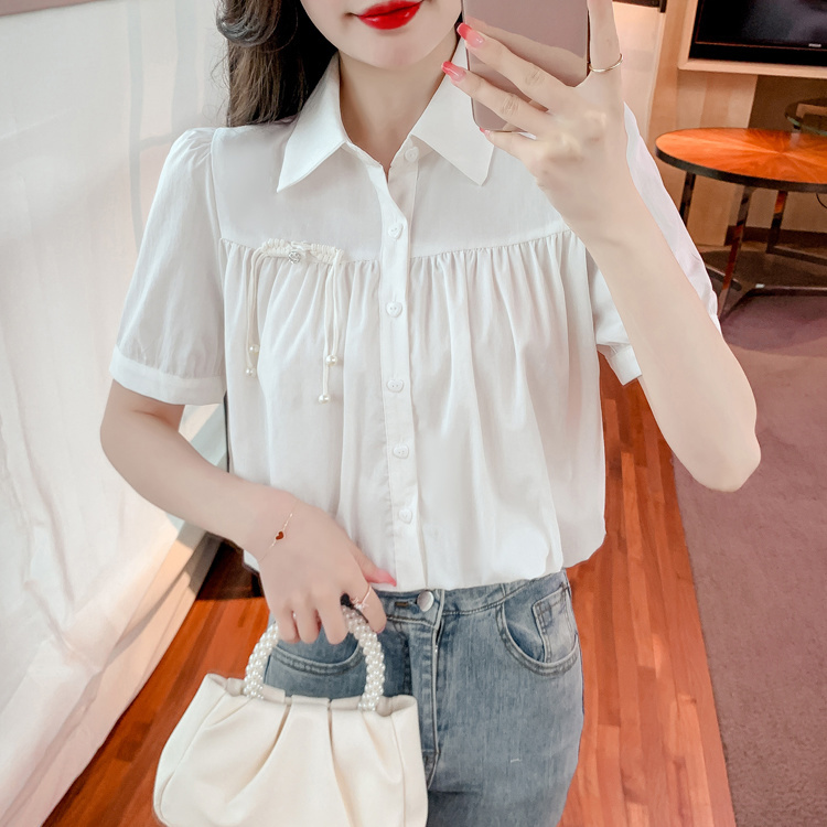 Korean version temperament summer new new Chinese style chest bow button large size slimming all-match solid color shirt top