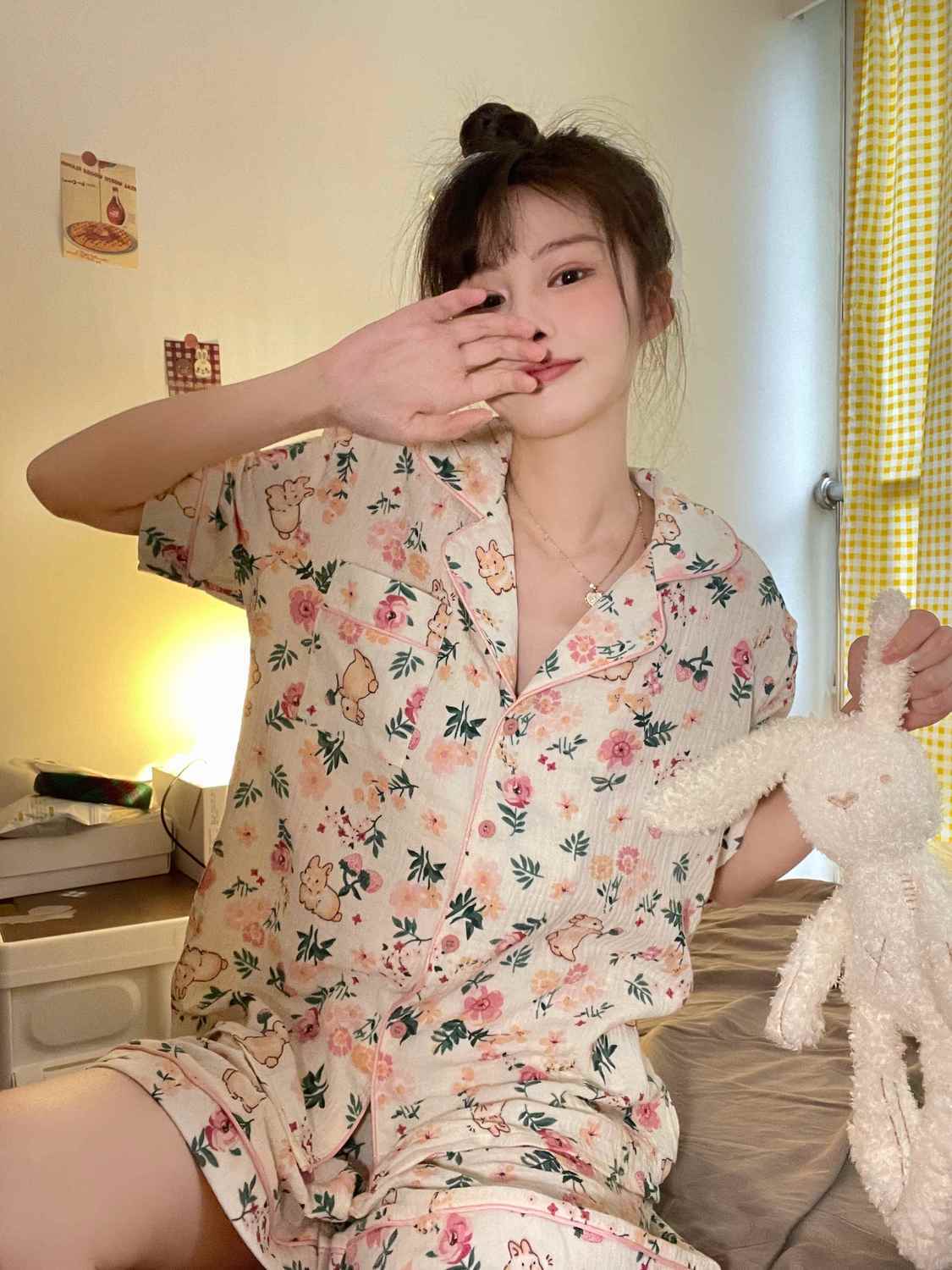 Baby cotton feeling ins wind pajamas women's summer loose short-sleeved sweet girl summer thin section home clothes suit tide