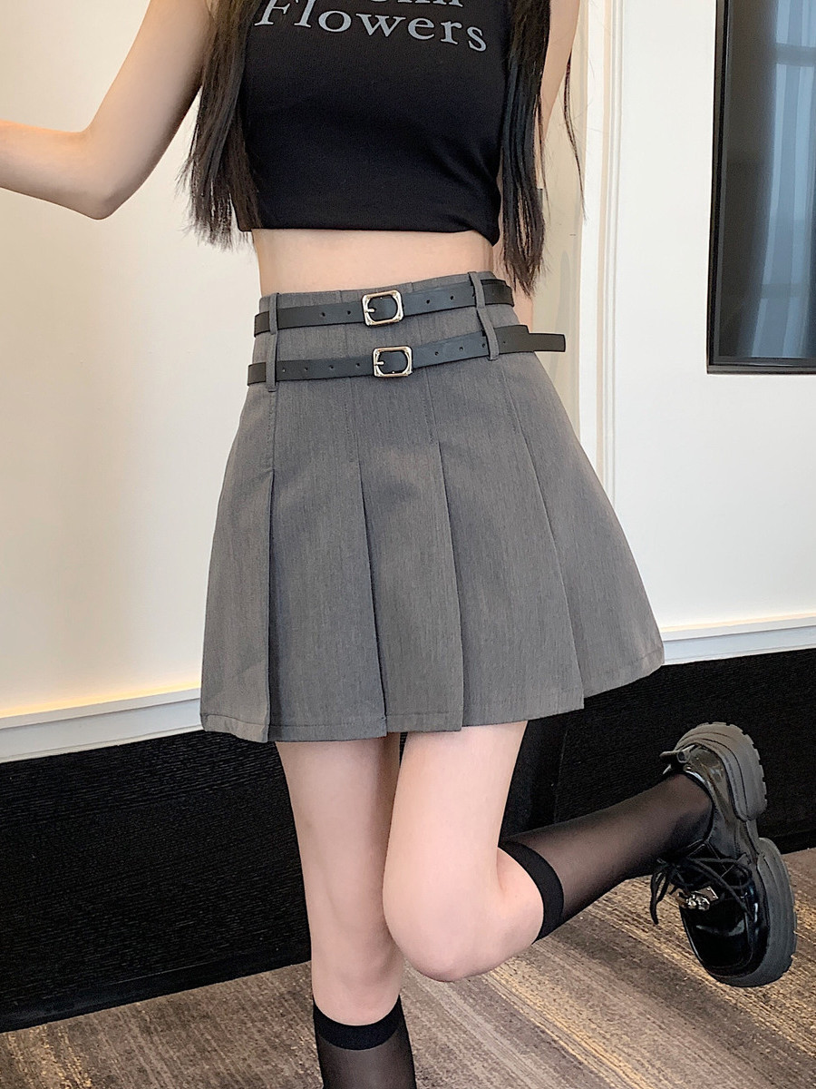 Matching Belt Grey Pleated Skirt A-line Half length Dress  Summer New High Waist Slim Skirt Anti glare Short Skirt