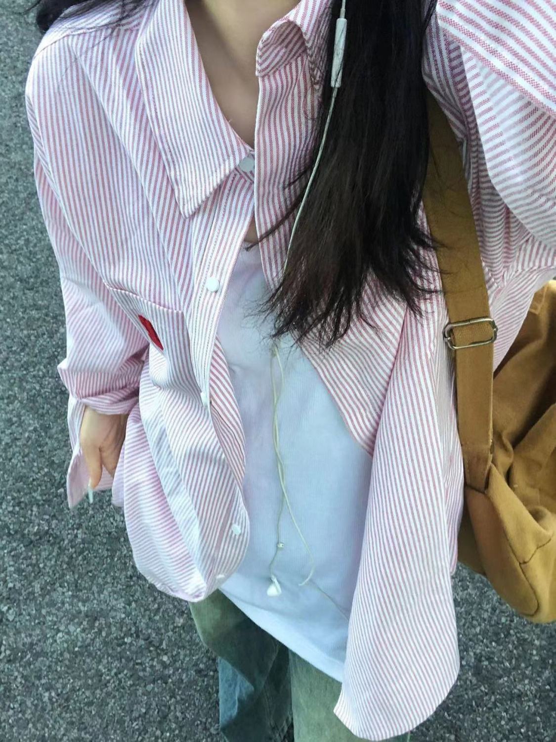 日系潮流刺繡粉色條紋襯衫女2023新款高級感寬鬆百搭顯瘦襯衣外穿