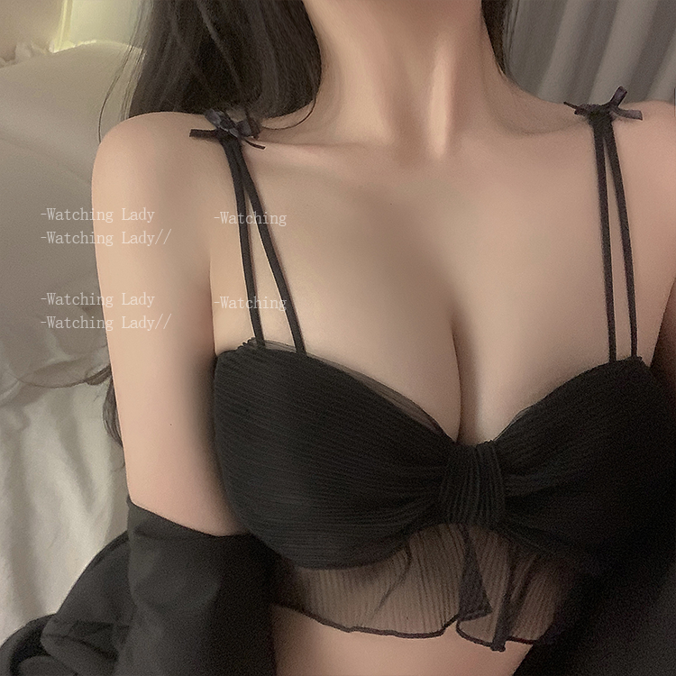 Pure desire sweet bra thin section underwear women's Japanese bowknot ruffles gather no steel ring to close the pair of milk bra