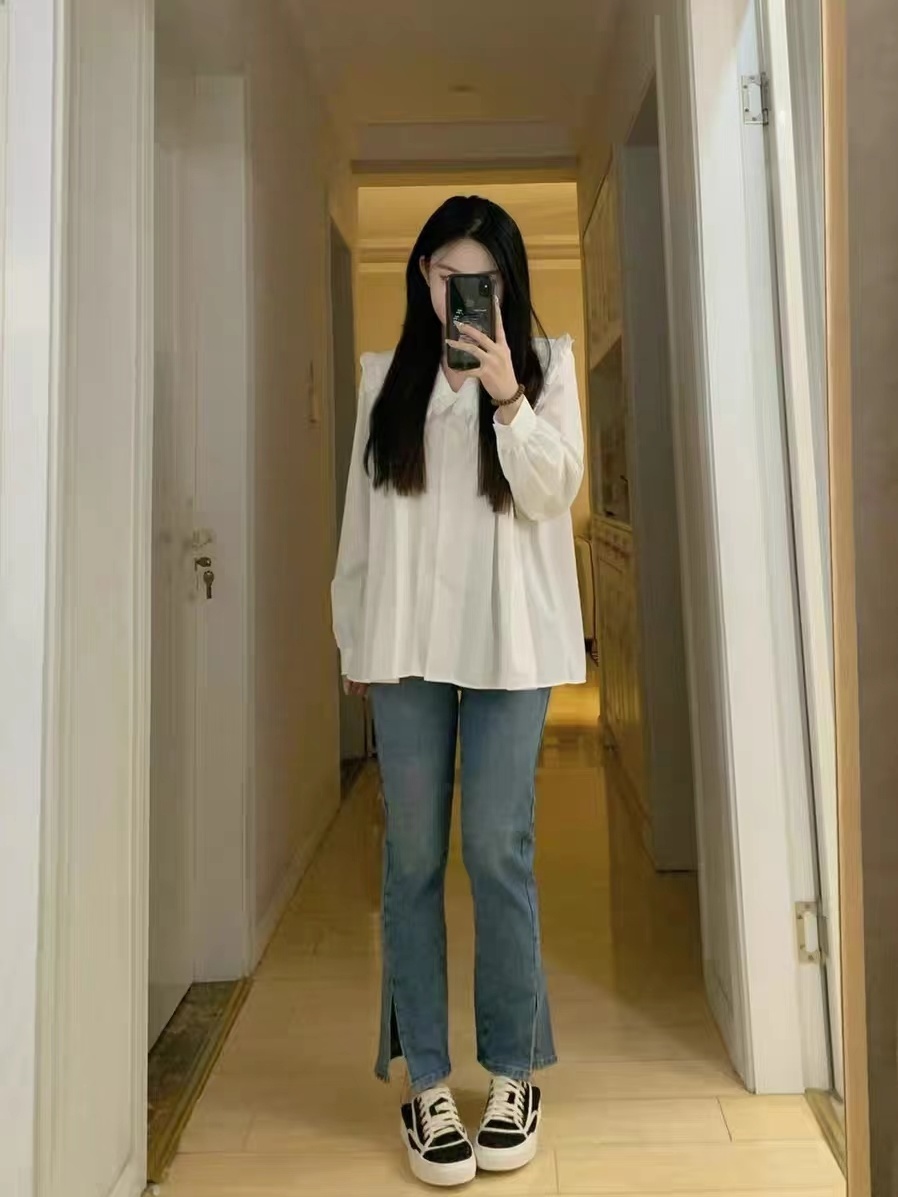 CONGRAZIO小清新娃娃領白襯衫女秋季2023新款甜美小個子寬鬆上衣
