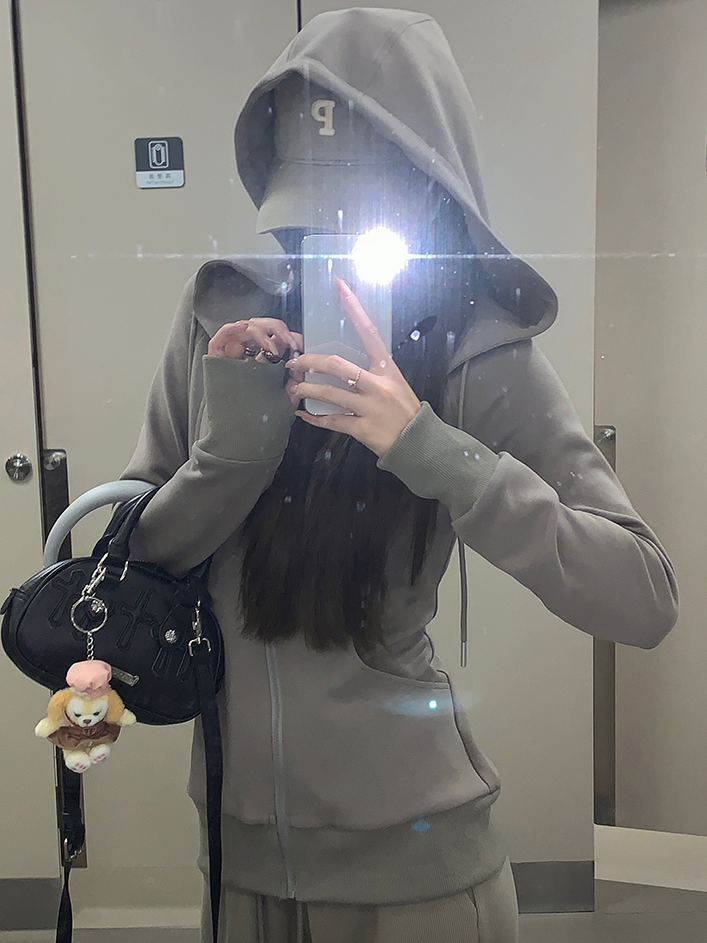 【夸一萬次!】美式連帽衛衣外套女秋冬高級感插肩灰色長袖上衣