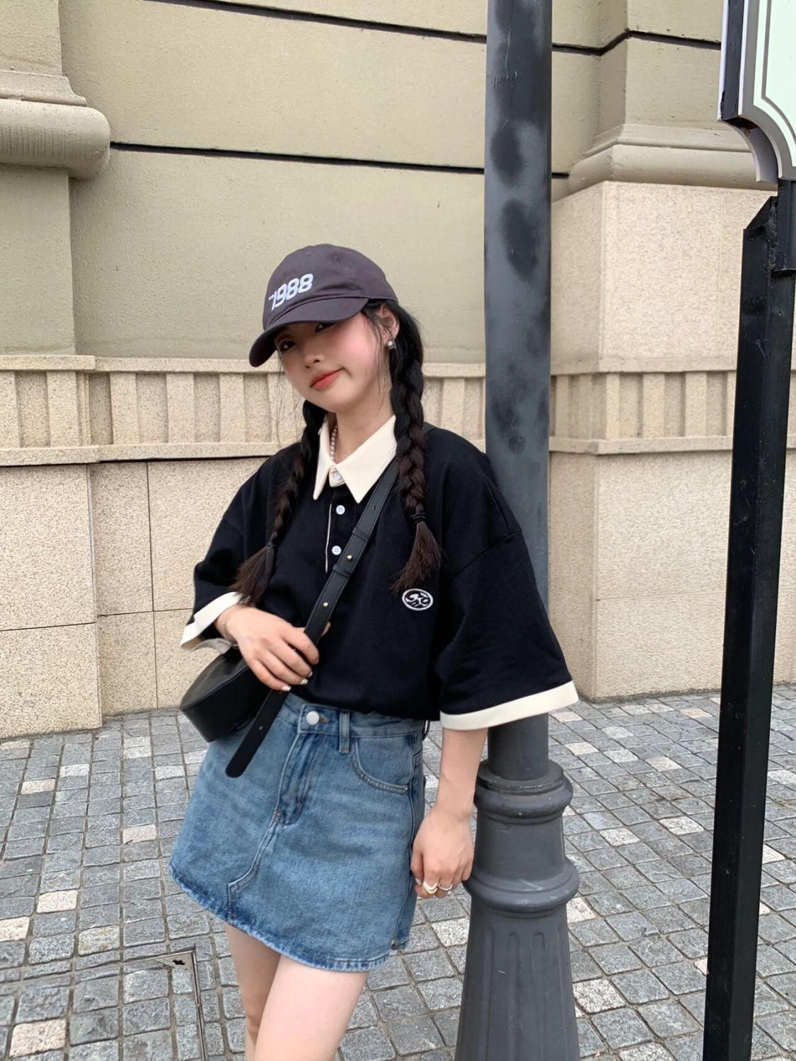 Sweet and cool style short-sleeved top women's polo shirt lapel fake two pieces embroidery loose all-match American retro t-shirt women's fashion
