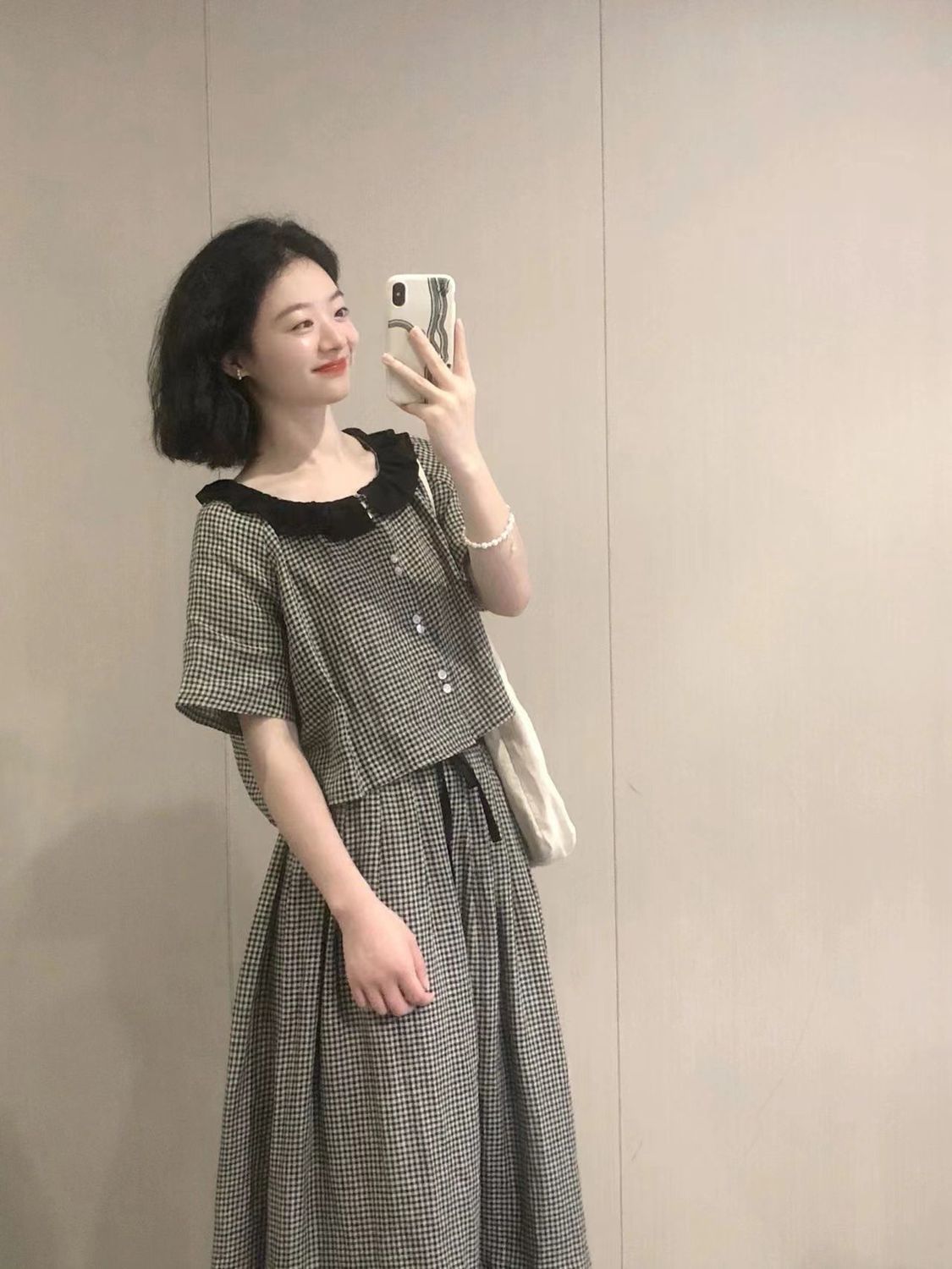 夏季新款女裝法式復古撞色花邊領拼接格子襯衫a字半身裙兩件套裝