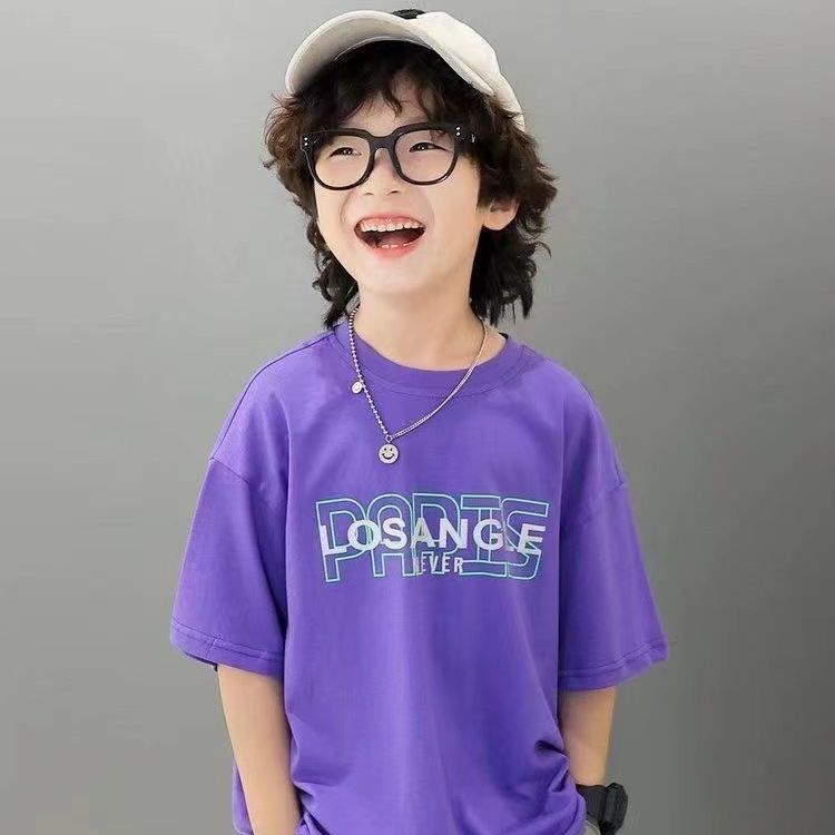 儿童紫色短袖夏季韩版ins休闲宽松T恤男女童潮流舒适透气上衣宝宝
