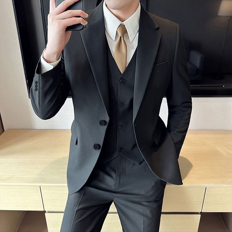 韩版黑色小西装套装男士休闲商务正装高级感学生职业装西服一整套