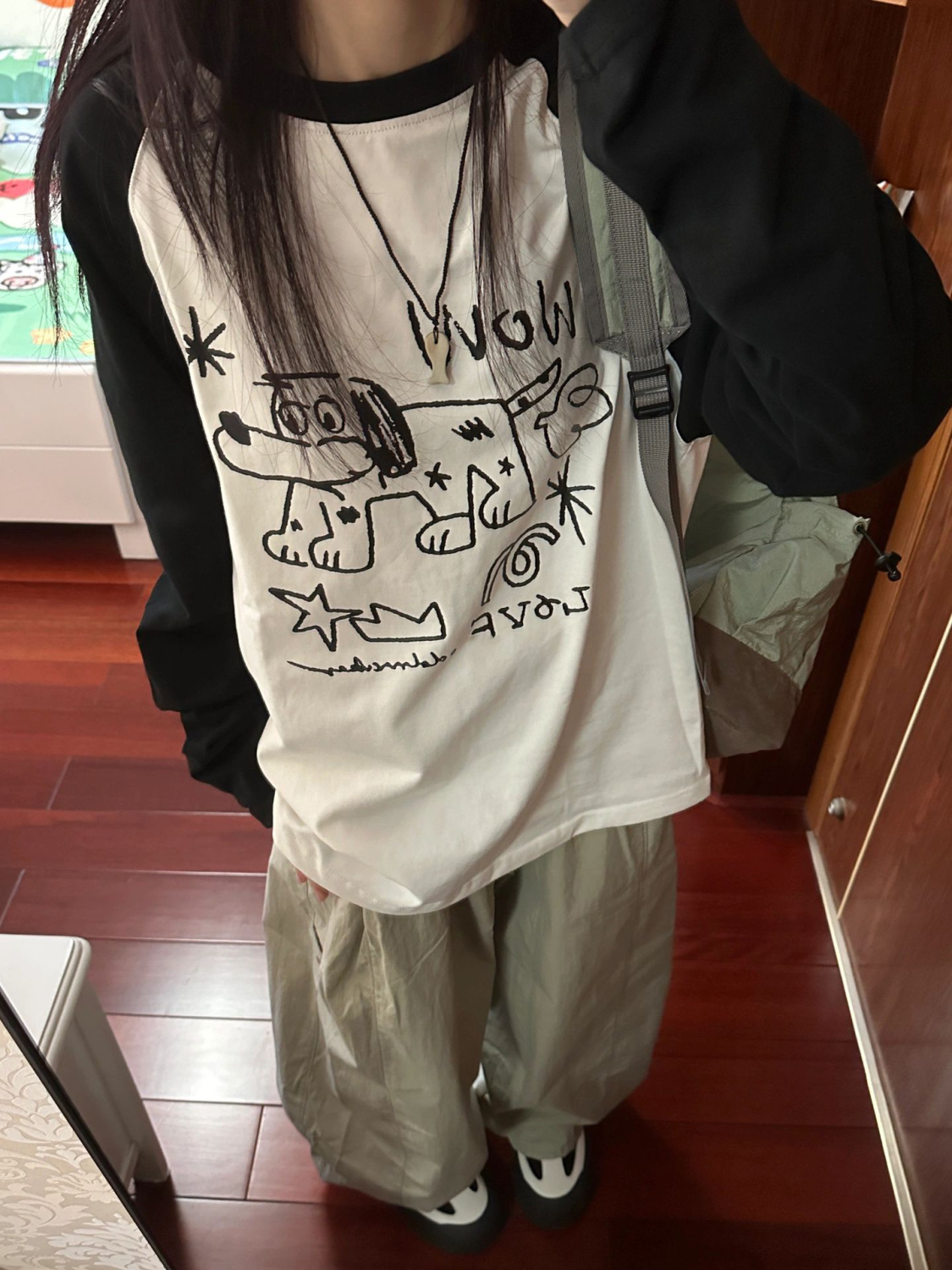 美式復古街頭創意印花插肩撞色長袖T恤女秋季ins休閒寬鬆圓領上衣