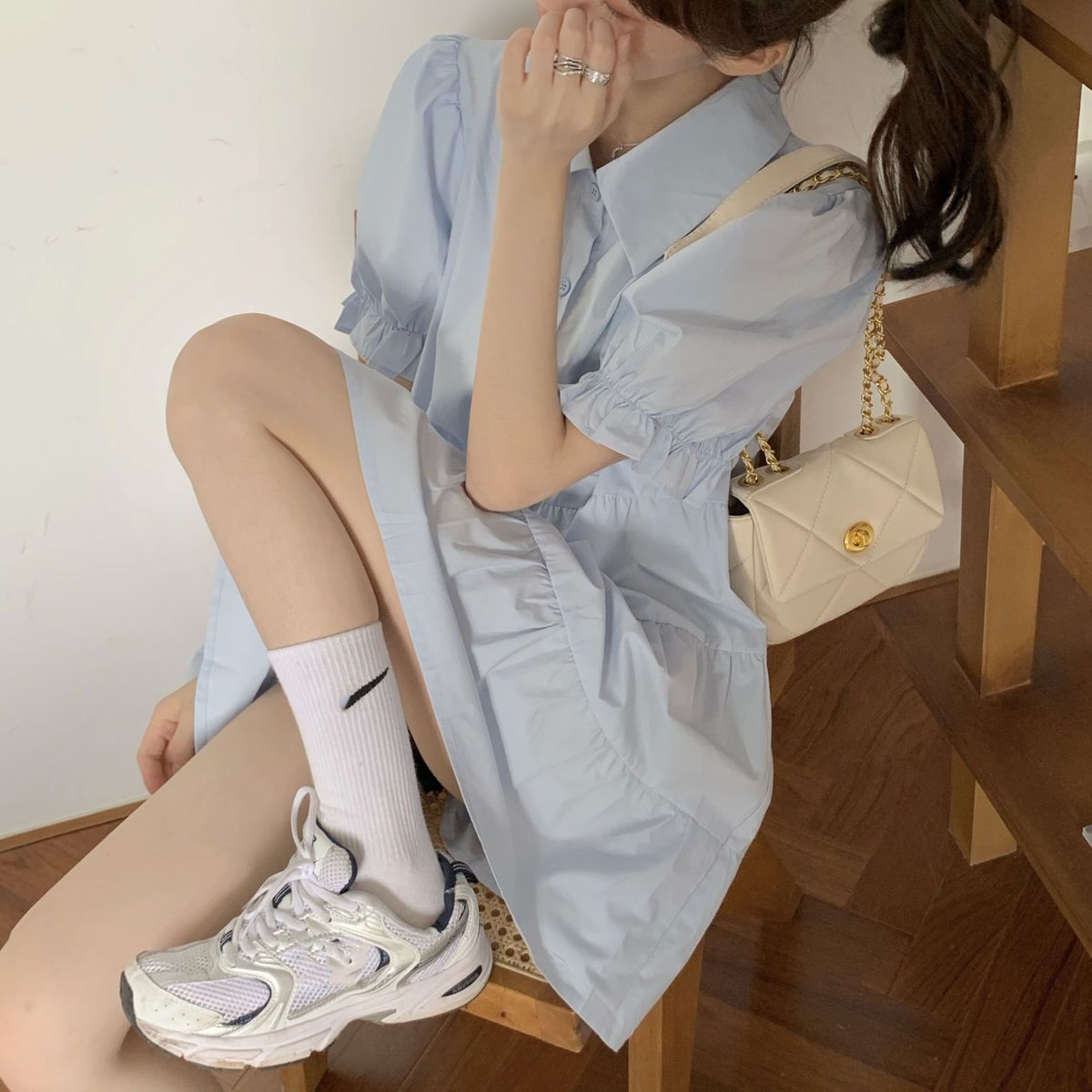 Retro French bubble sleeve dress 2-piece Summer Student Korean skinny denim suspender skirt suit for women