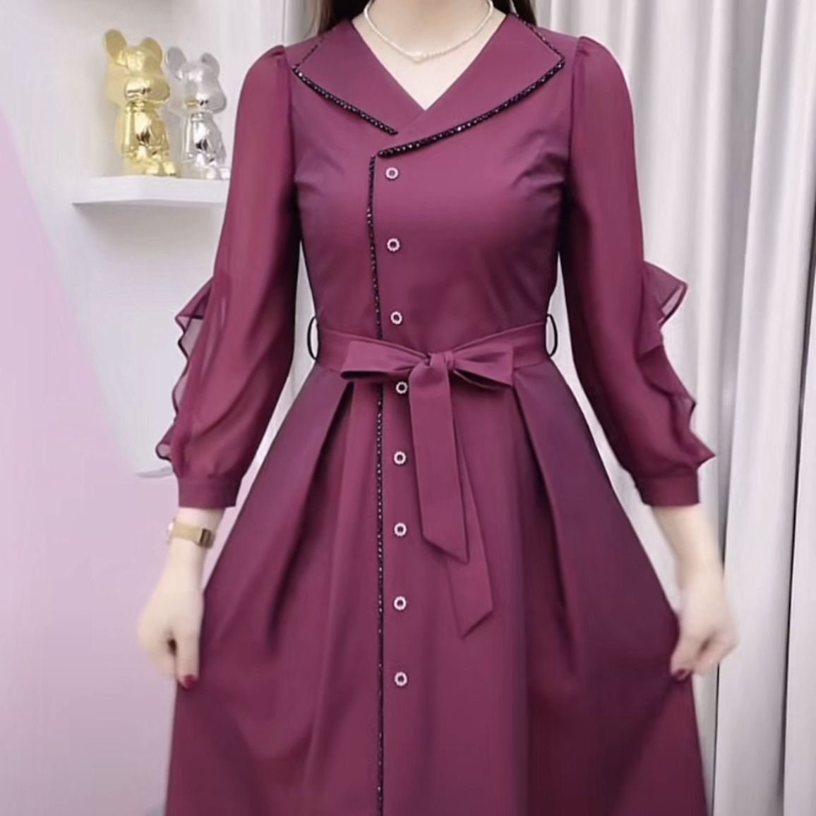 幻彩珠光四面彈連衣裙2023新款女裝秋季洋氣收腰遮肉顯瘦媽媽裙子