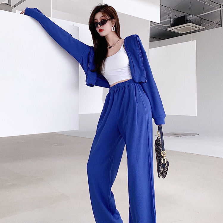 Sports waffle suit female loose casual high waist Klein blue hot girl wide leg sweatpants spring and autumn tide two-piece suit
