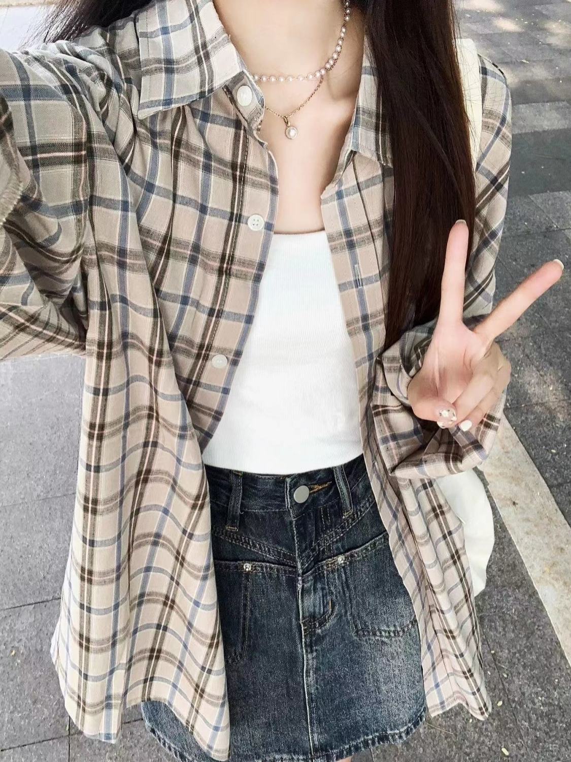 夏季2023港風復古chic藍杏色格子襯衫女韓系寬鬆休閒襯衣防曬開衫