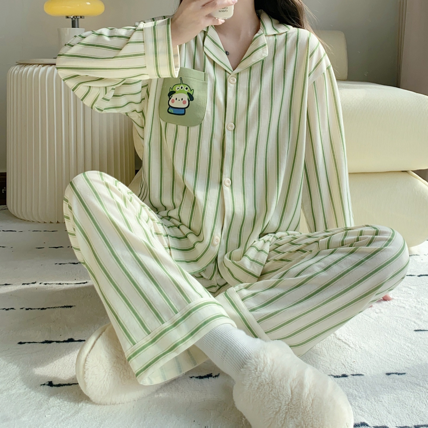純棉睡衣女春秋季可愛韓版條紋綠色簡約寬鬆長袖ins風家居服套裝