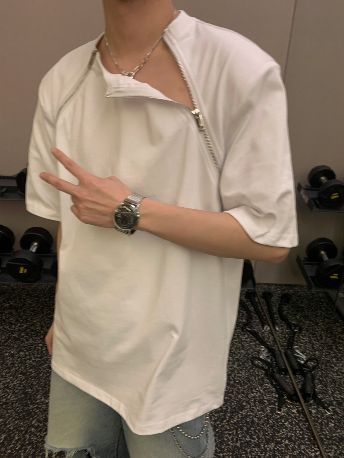 AEMAPE韩风高级小众金属设计短袖体恤男圆领宽松显瘦国潮简约T恤