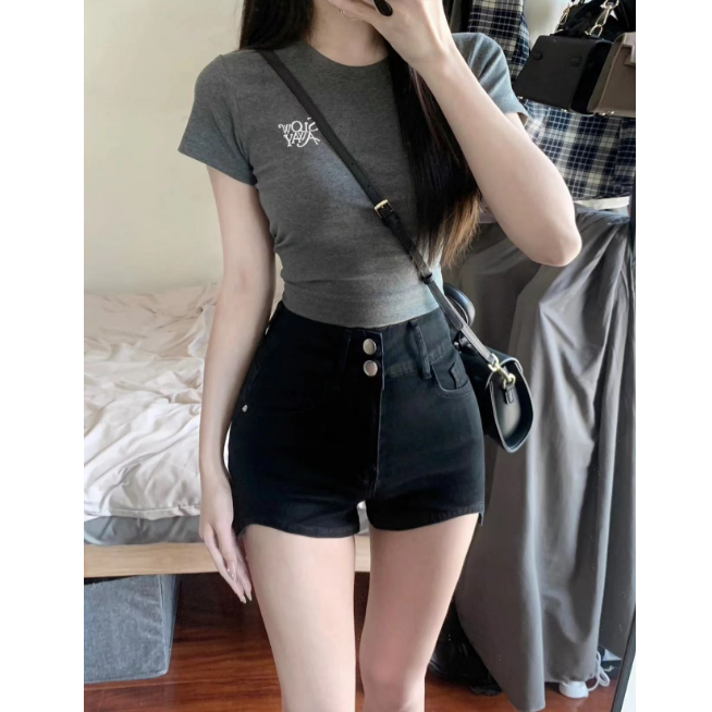 不規則牛仔短褲女夏季新款美式辣妹高腰a字修身顯瘦闊腿包臀熱褲