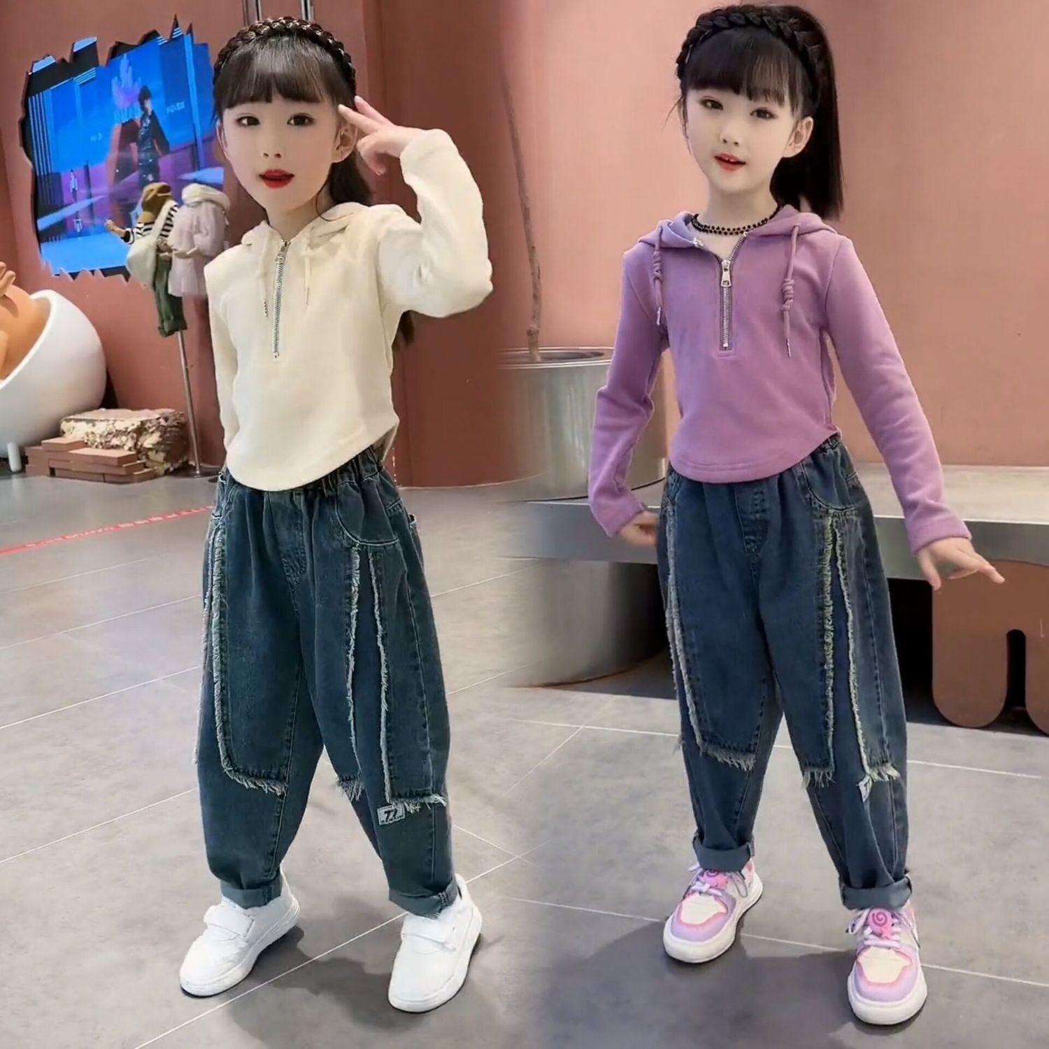 女童春裝套裝網紅洋氣中大童韓版小女孩連帽衛衣牛仔褲時髦兩件套