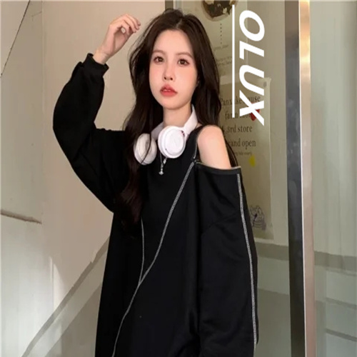 OLUX春秋新款洋氣露肩拉鏈薄款衛衣女學生韓版胖MM寬鬆設計感上衣