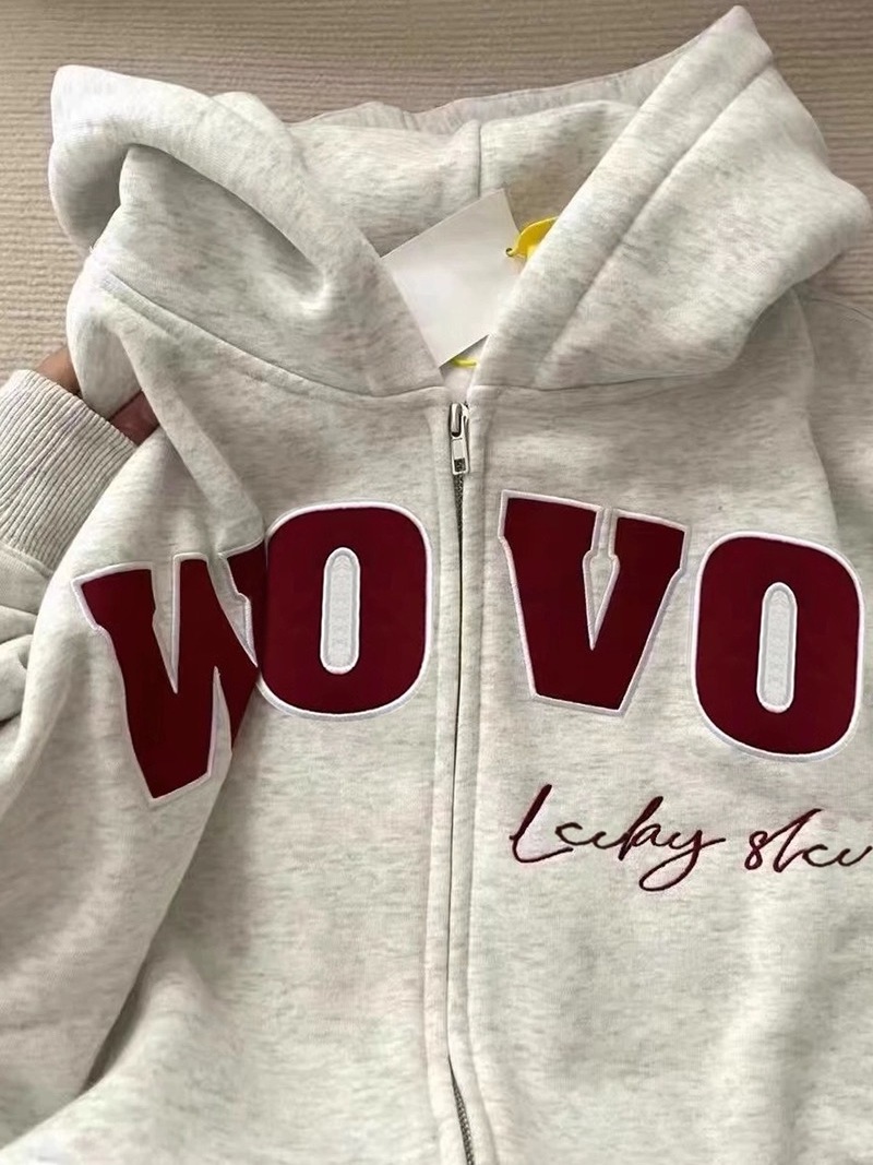 美式復古米灰色潮牌字母連帽衛衣女春秋寬鬆慵懶風百搭開衫外套潮