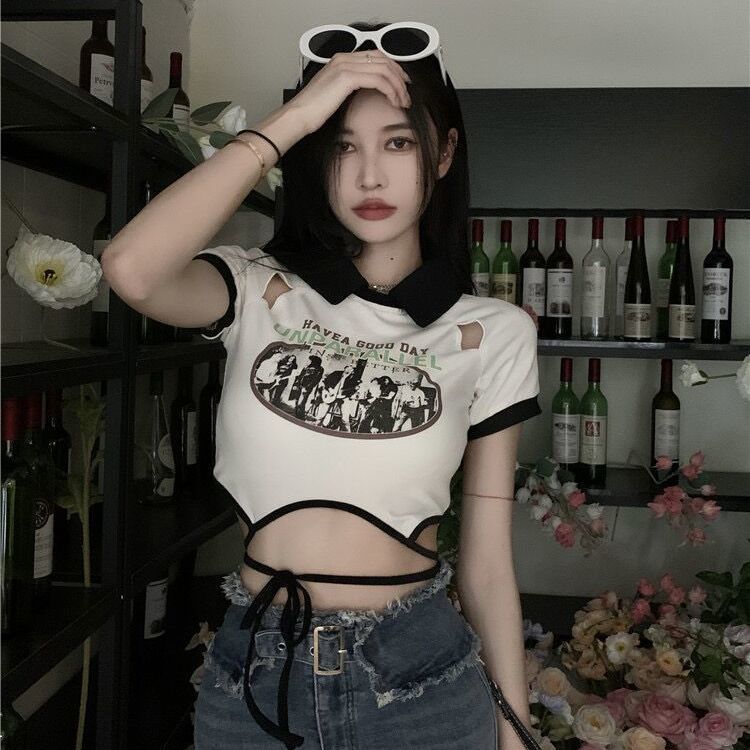 European and American strappy short dress polo lapel top women's summer retro design feeling foreign style navel hot girl tight body shirt