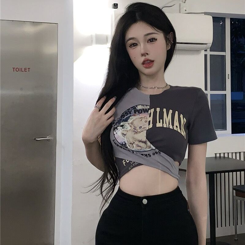 y2k millennium hot girl top female student design sense summer splicing contrast color cross short section exposed belly short-sleeved t-shirt