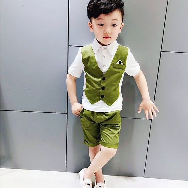 Children's short sleeve suit, boys' vest fake two-piece suit, flower girl dress, short sleeve shirt suit, summer two-piece suit