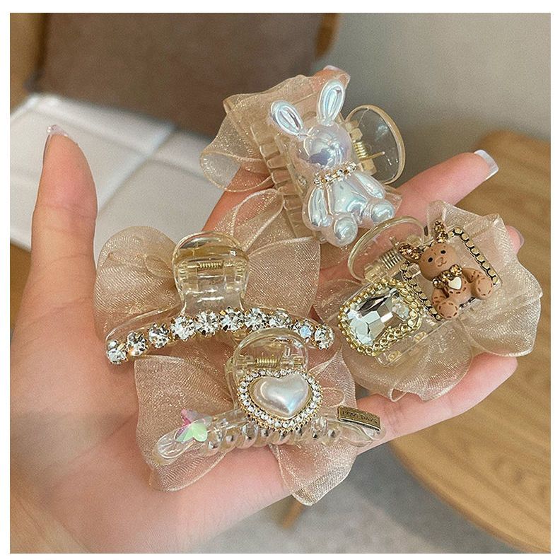 鐵合金亞克力/樹脂髮飾雙面AB滿鑲蝴蝶結抓夾網紅頭髮夾