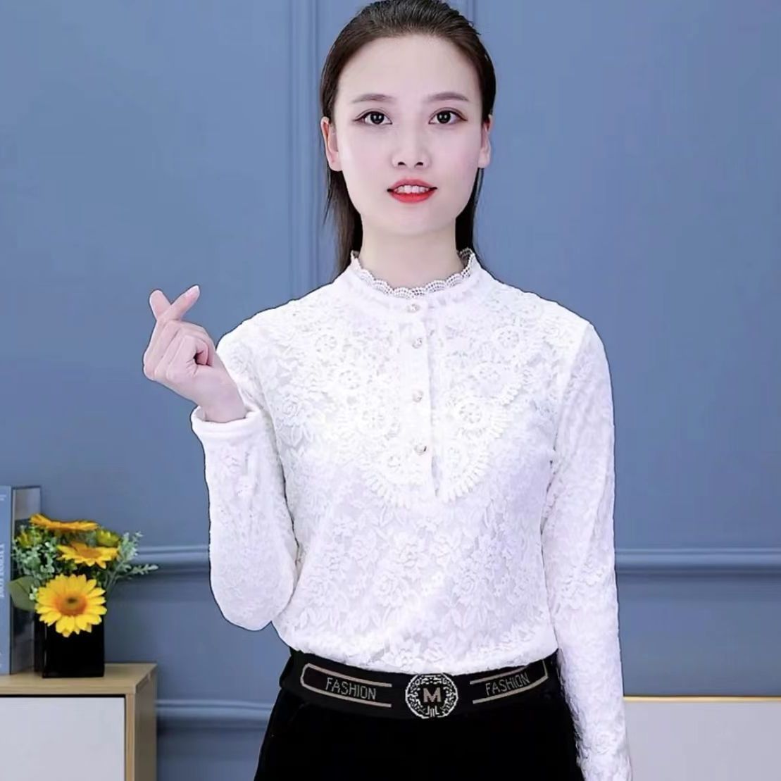 加絨/不加絨 半高領蕾絲衫女2022秋冬新款洋氣打底衫內搭長袖上衣