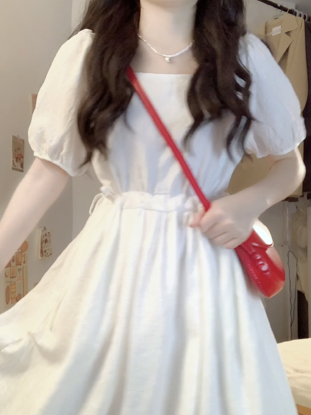 Sweet preppy style drawstring first love little white skirt Korean version super fairy slim puff sleeves square neck dress female students