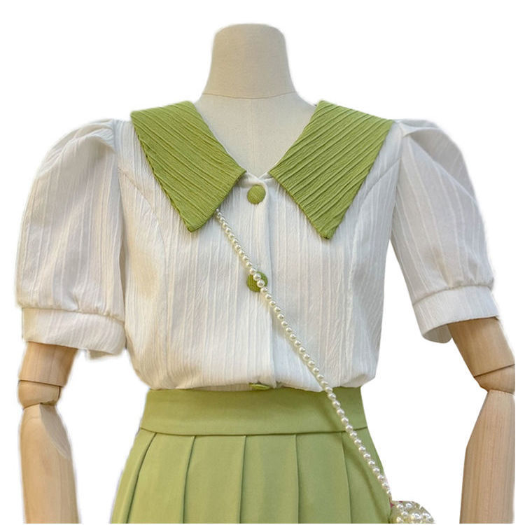 Doll collar chiffon shirt women's new summer temperament puff sleeve waist gentle sweet small shirt color matching top