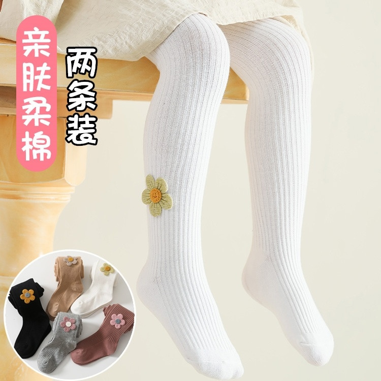 女童孩春秋季白色薄棉款連褲襪子花朵兒童小寶寶打底長褲中厚洋氣