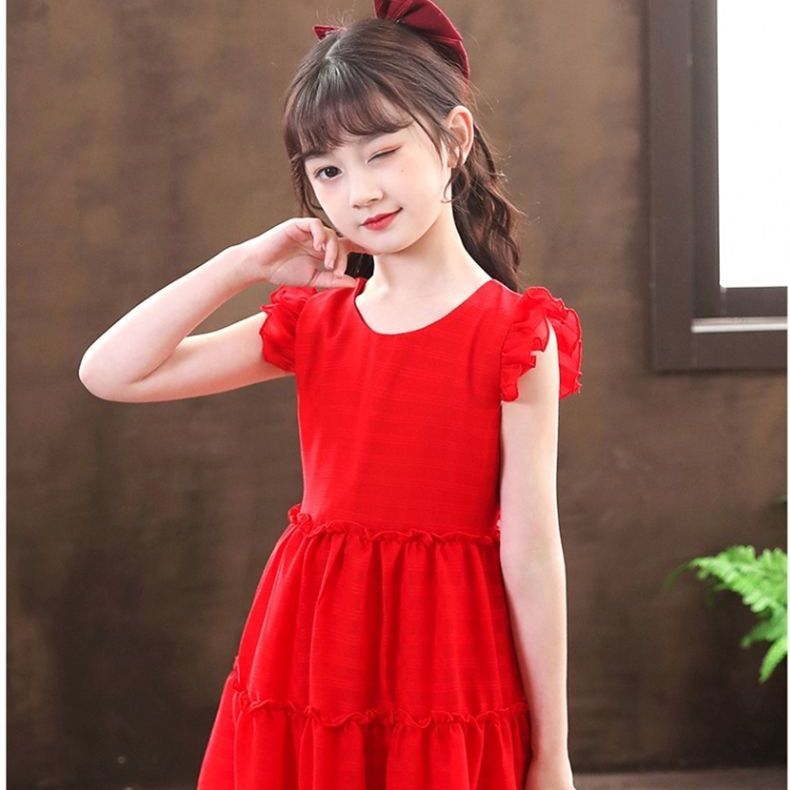 新款儿童裙子夏季儿童公主裙春秋12到15岁大童红色套装轻奢连衣裙