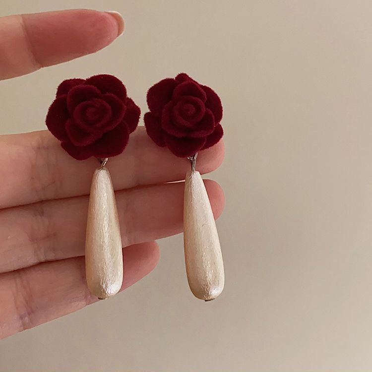 Goodnight Rose Romantic French Retro Wine Red Flocking Rose Pearl Earrings Temperament Hong Kong Style High-end Ear Clips
