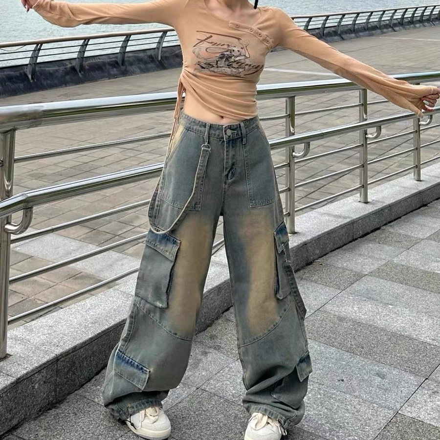 高街復古多口袋闊腿工裝牛仔褲女秋季新款高腰寬鬆顯瘦直筒長褲潮
