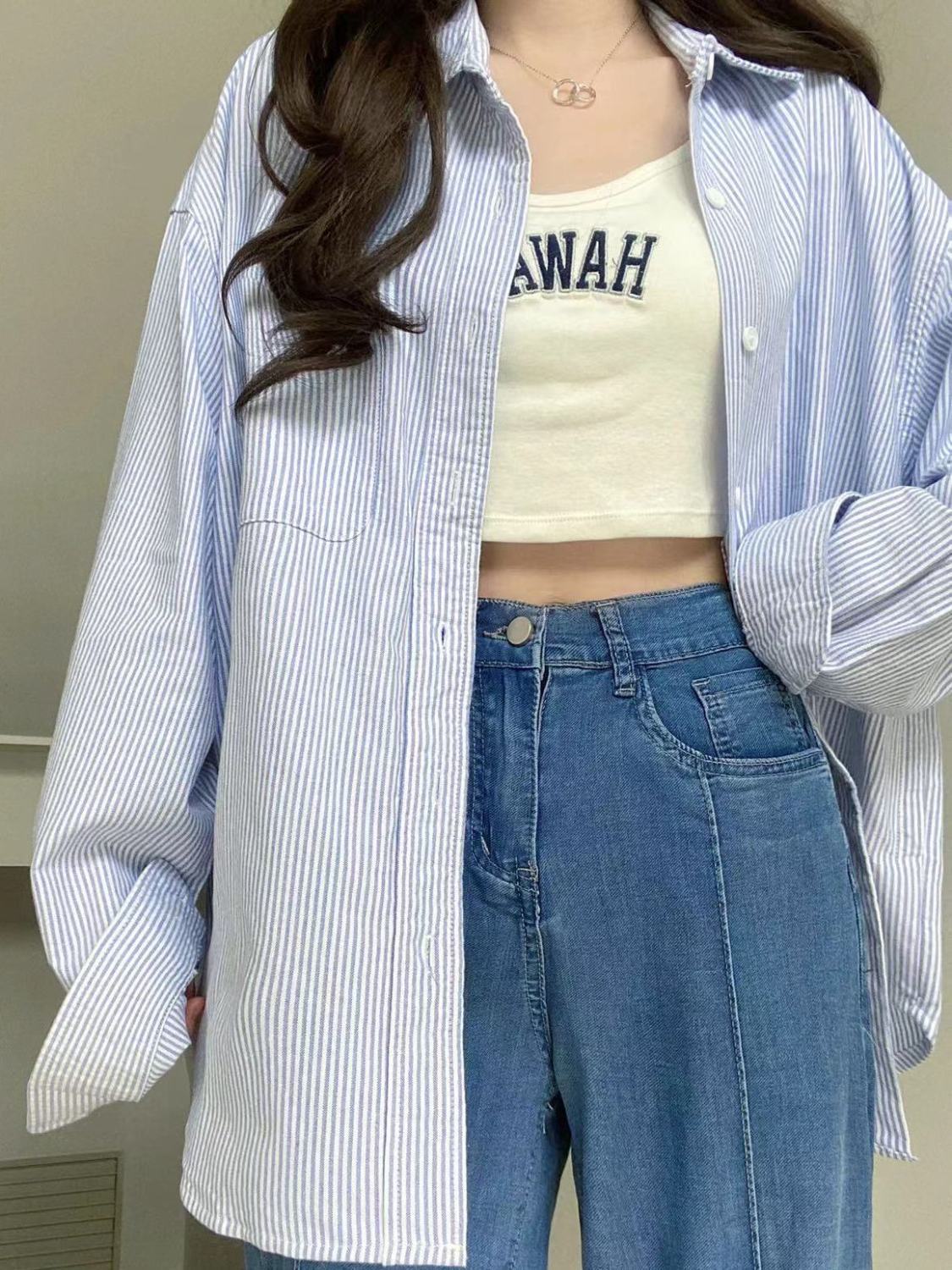 港味復古藍色條紋長袖襯衫女學生春秋韓系新款長袖上衣情侶款外套