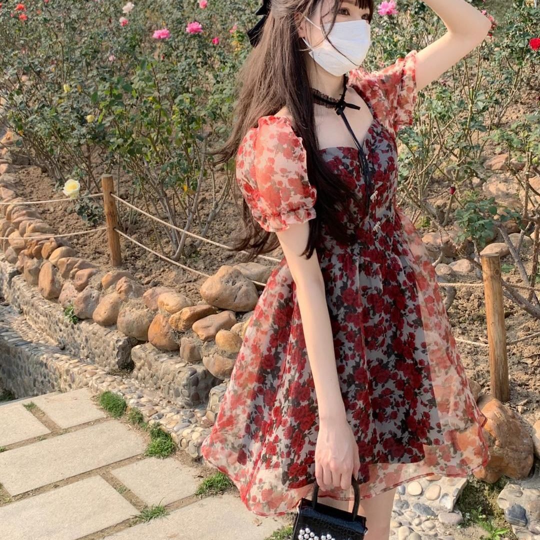 French retro red dress women's summer 2022 new style slim and tall floral short skirt tide