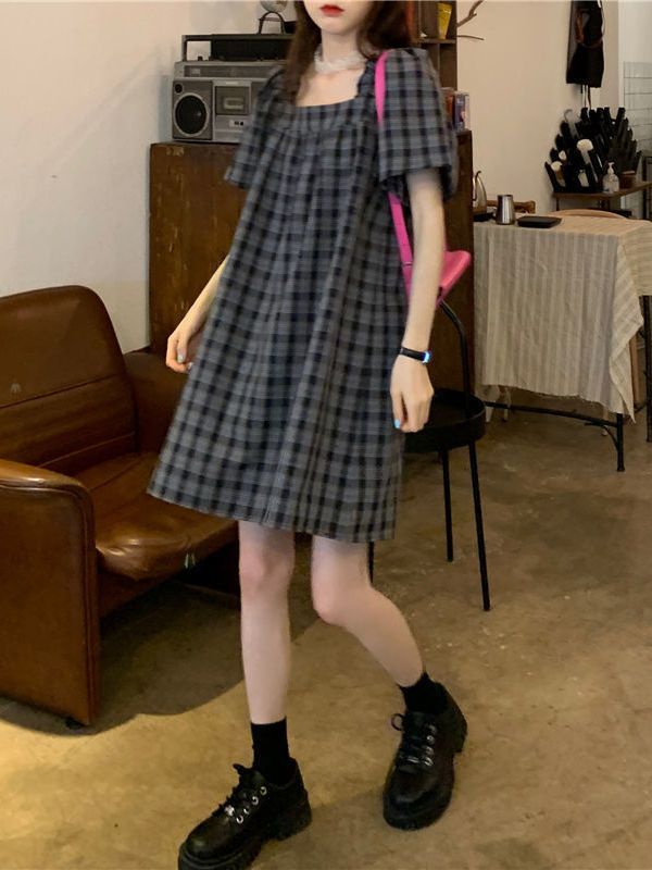 Large size fat mm300 catty square collar dress women's summer loose belly cover slim shoulders retro plaid a-line doll skirt