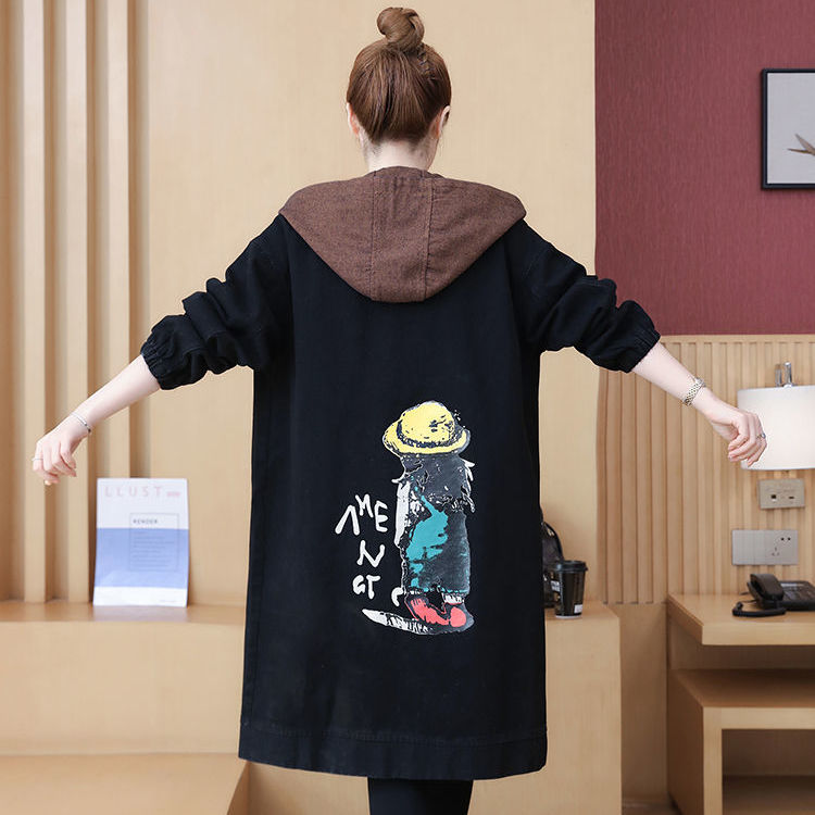 Spring and autumn mid-length large size denim jacket women's Korean style fashion fat mm hooded printing long-sleeved loose all-match windbreaker