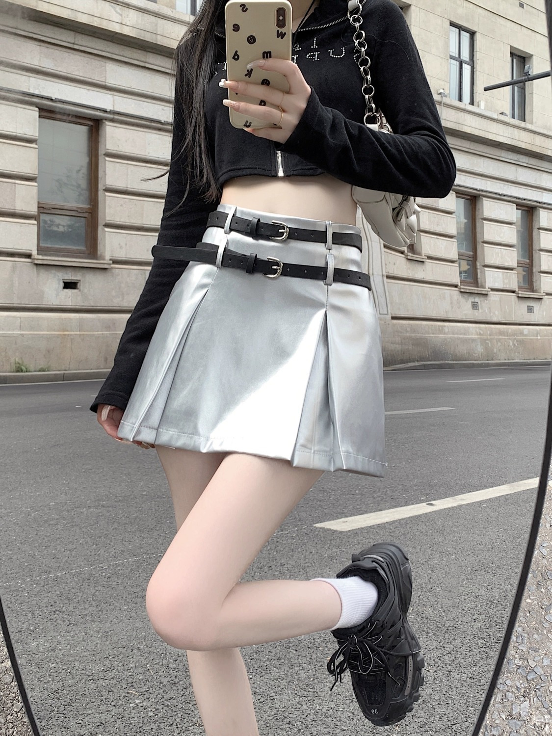 Spicy Girl Silver PU Leather Skirt Short Half Skirt 2023 Autumn New Short Skirt High Waist Slim A-line Skirt Children