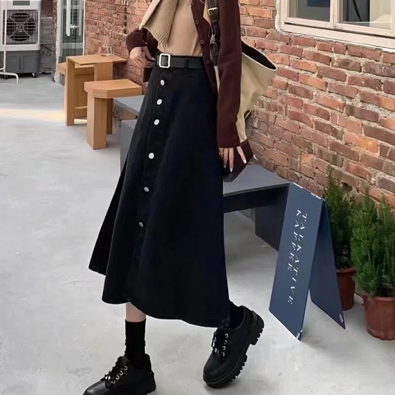 Large size fat mm spring and autumn new belly-covering skirt pear-shaped high-waisted skinny denim skirt women's a-line long skirt