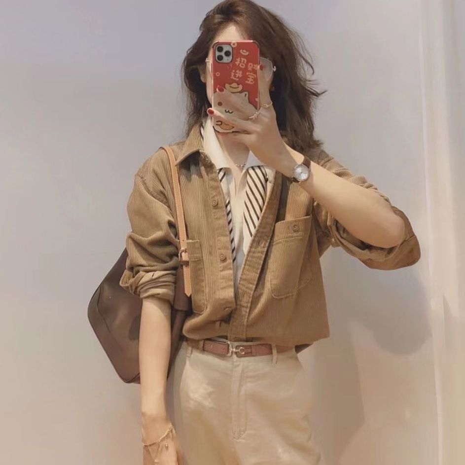 法式復古港味燈芯絨牛仔襯衫女秋冬季新款設計感襯衣疊穿長袖上衣