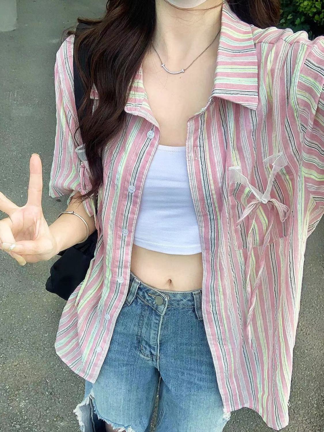 2023夏季薄款粉色襯衫短袖女寬鬆顯瘦中長款條紋襯衣外穿百搭上衣