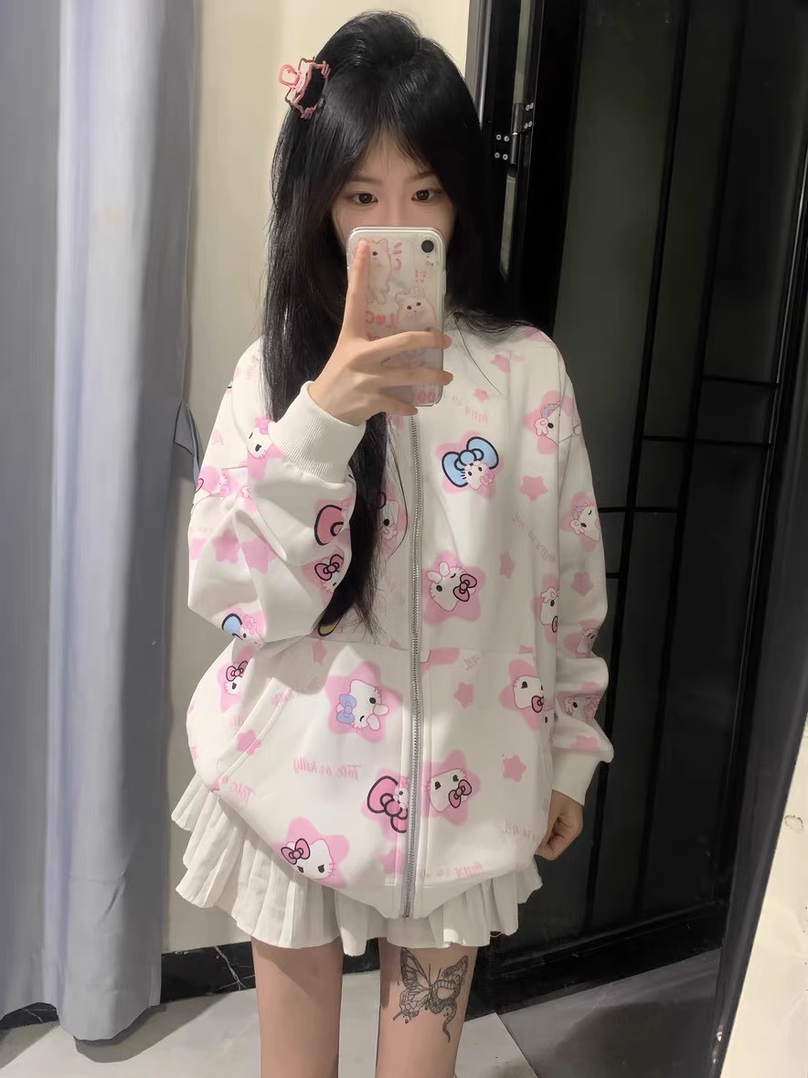 100%棉日系凱蒂貓拉鏈連帽衛衣女秋冬寬鬆百搭可愛甜美加絨外套潮