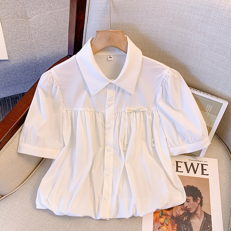 夏季新款娃娃领白色衬衫女高级感法式设计感甜美独特别致短款上衣