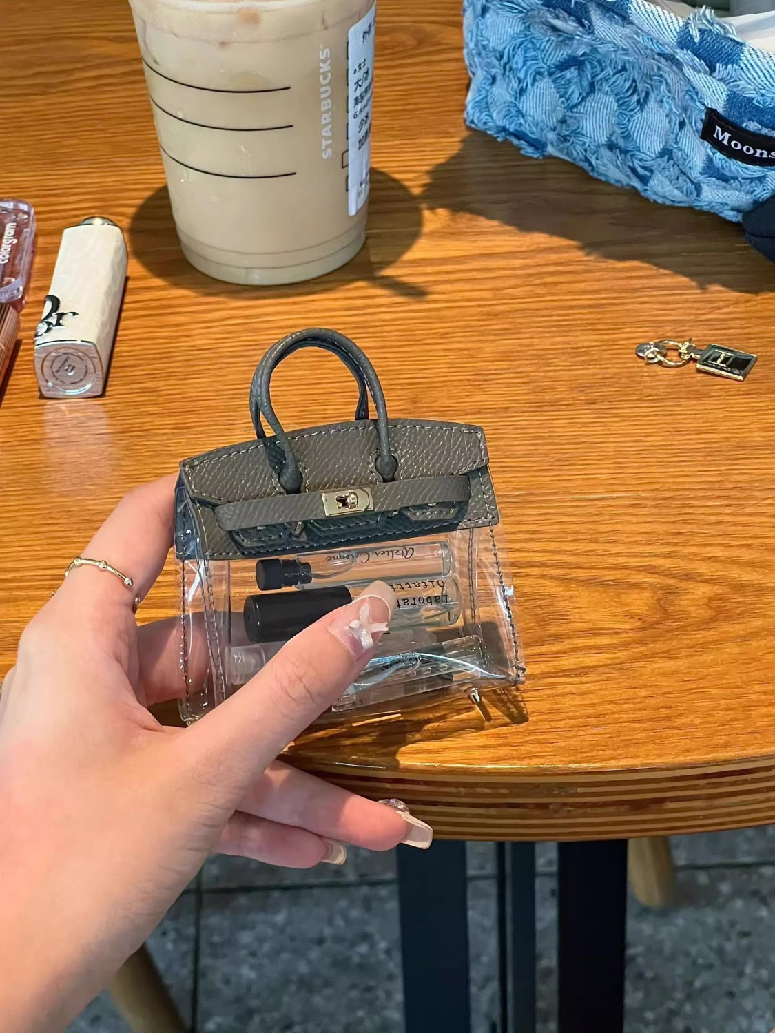 Xiaohongshu same style mini cute handbag 2023 new niche stitching transparent fashionable Kelly bag for women