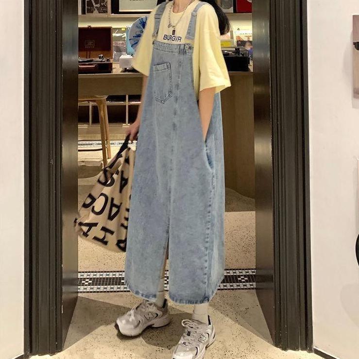 減齡高腰牛仔背帶裙女可愛寬鬆顯瘦開叉中長款過膝吊帶連衣裙夏季