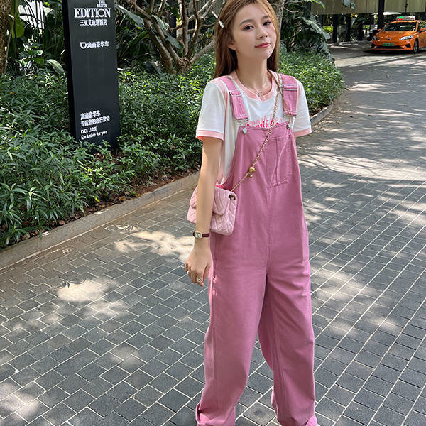 Salt pink denim overalls female summer student high waist loose slimming age-reducing American retro jumpsuit trousers